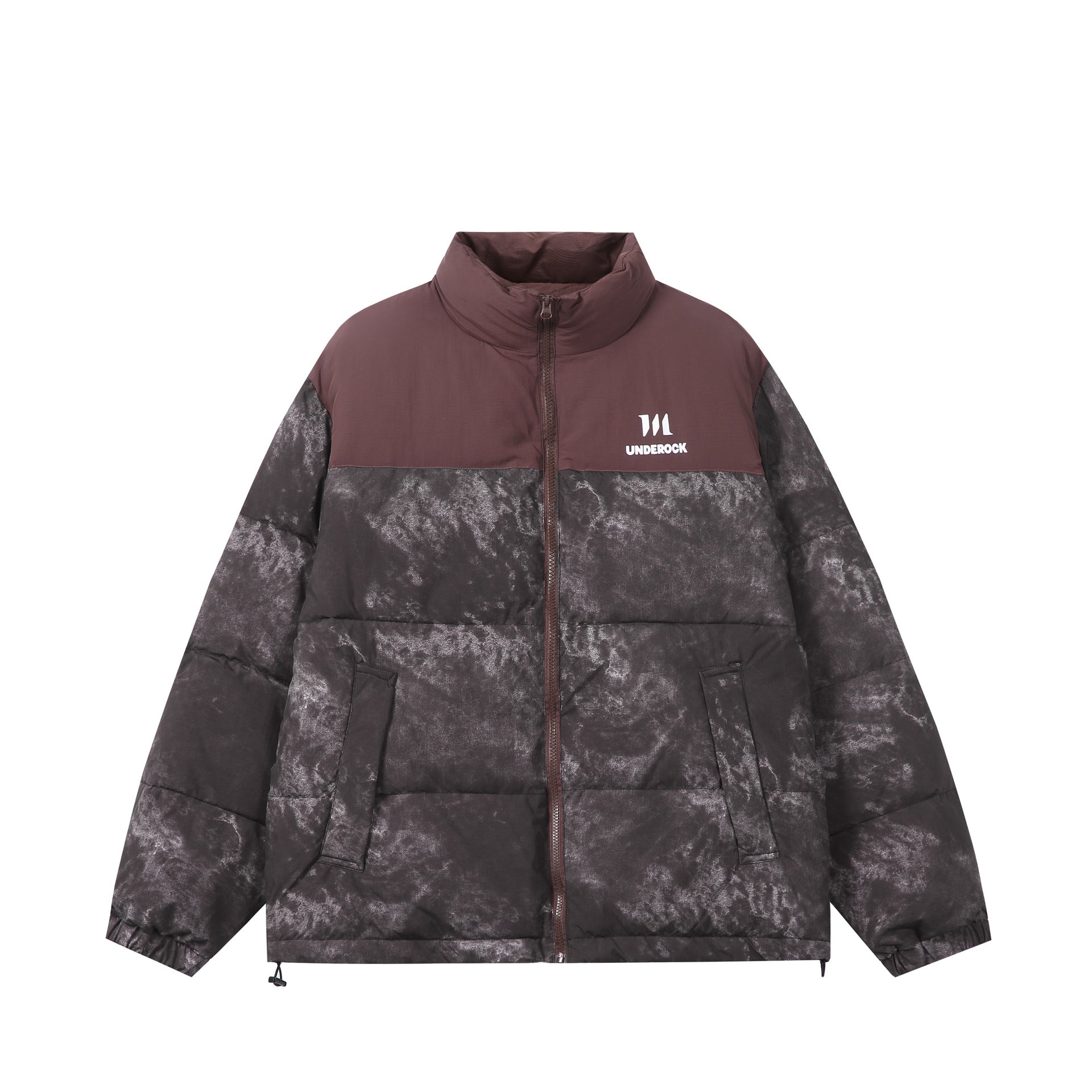 Unisex Padded Boxy Insulated Jacket with Marble Effect and High Stand-Up Collar Chichicherry