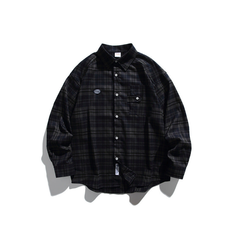 Unisex Loose Check Flannel Shirt in Wide Cut with Raglan Sleeves and Breast Flap Pocket Chichicherry