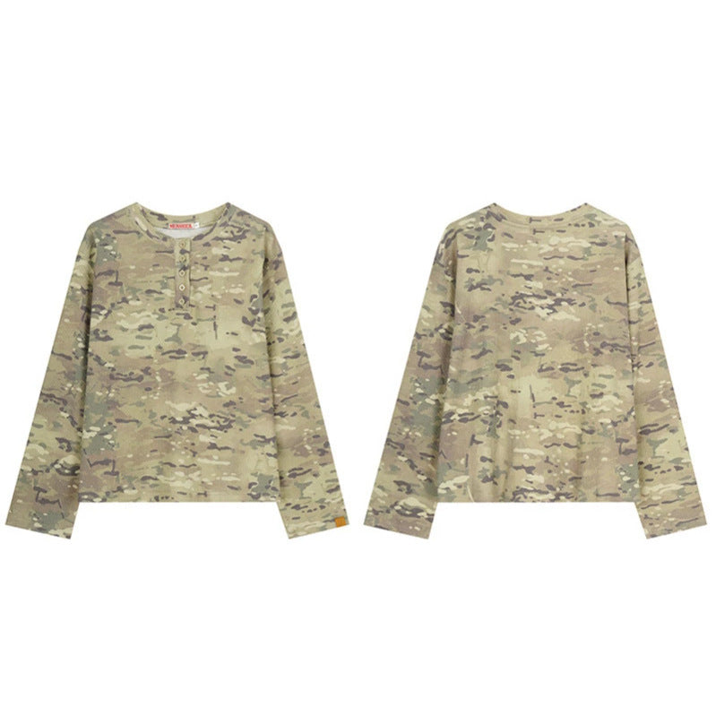 Women's Long Sleeve Henley Shirt in Waffle Knit with Military Camouflage Print and Button Placket Chichicherry