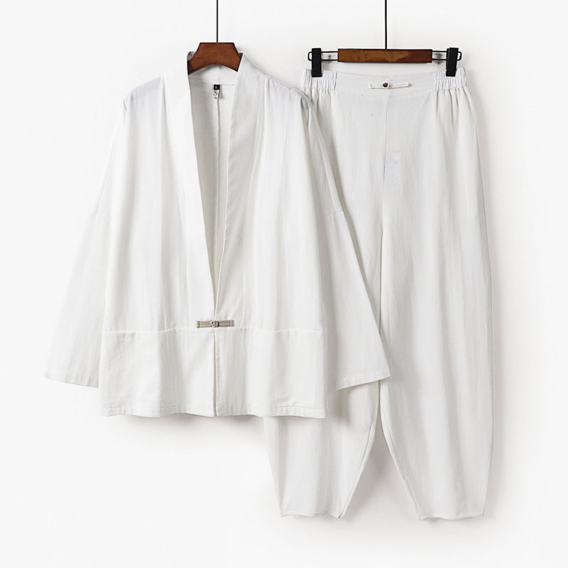 Men's Zen Relax Set with open kimono jacket, decorative toggle closure and tapered harem jogger pants Chichicherry
