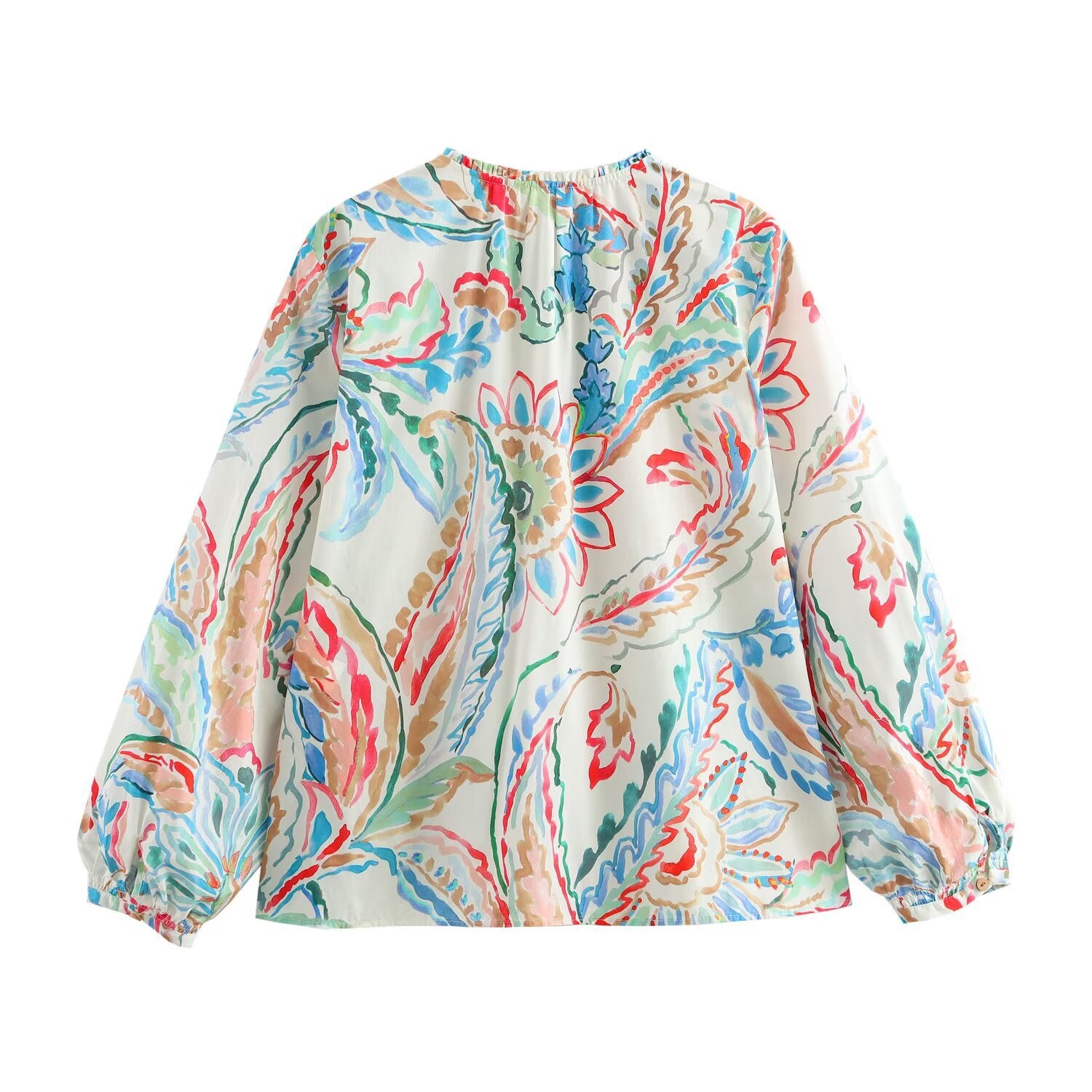 Ladies Lightweight Viscose Blouse with Watercolor Floral Print, V-Neck and Balloon Sleeves Chichicherry