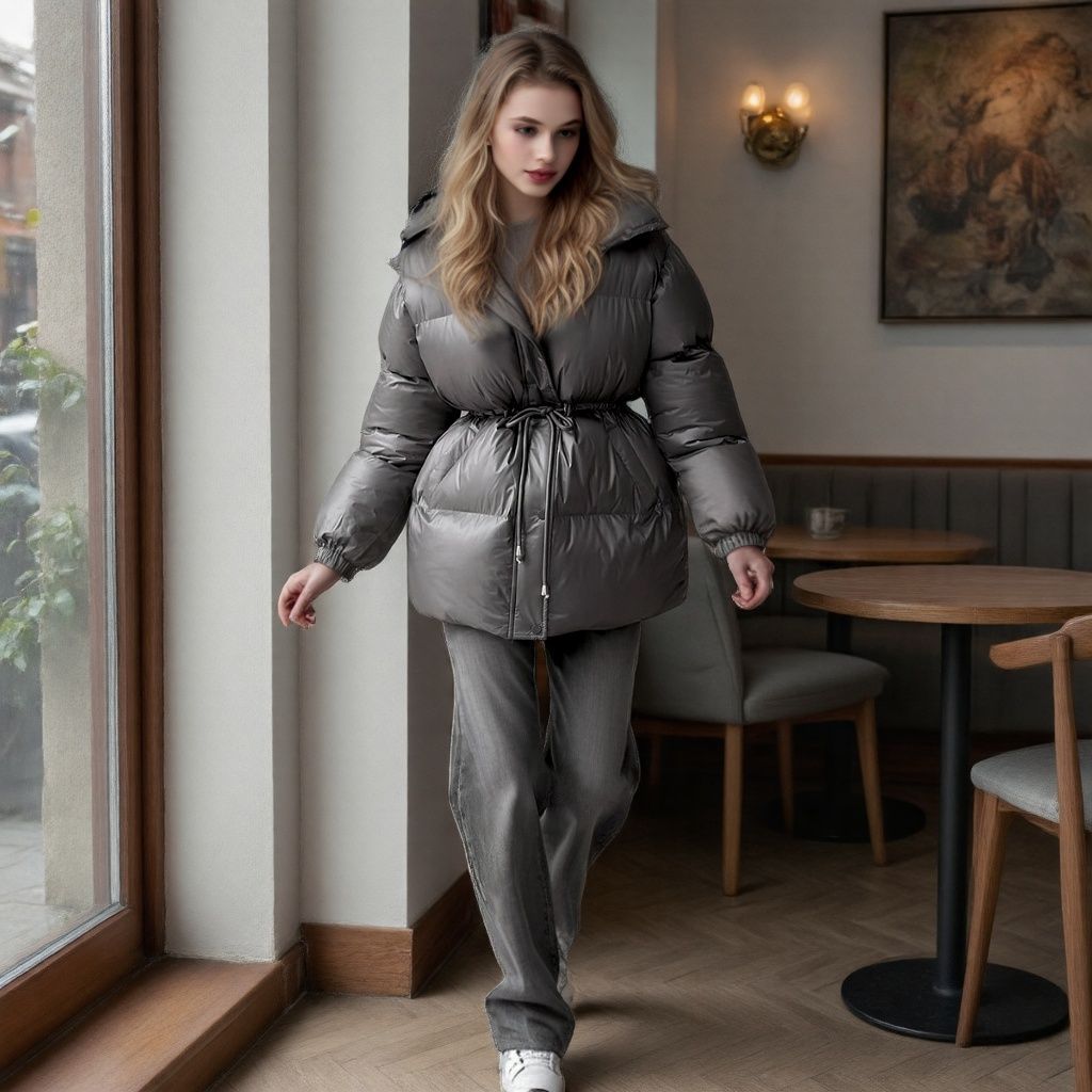 Women Tailored Quilted Jacket in Down Look with Drawstring and Hood Chichicherry