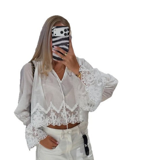 Women's Transparent Lace Blouse Top with Bell Sleeves and Crochet Trim Chichicherry