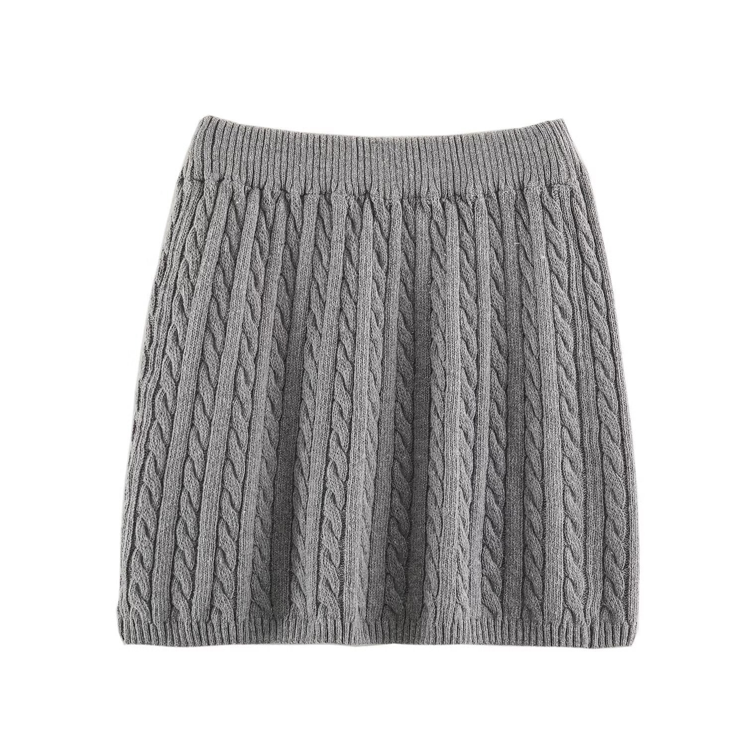 Women's Two-Piece Knit Set with Zipper Hoodie and Short Cable Knit Skirt Chichicherry