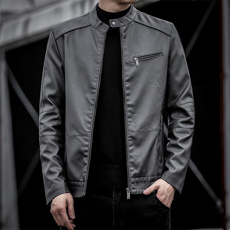 Men's Slim-Fit Faux Leather Moto Jacket with Stand Collar and Zipper Details Chichicherry