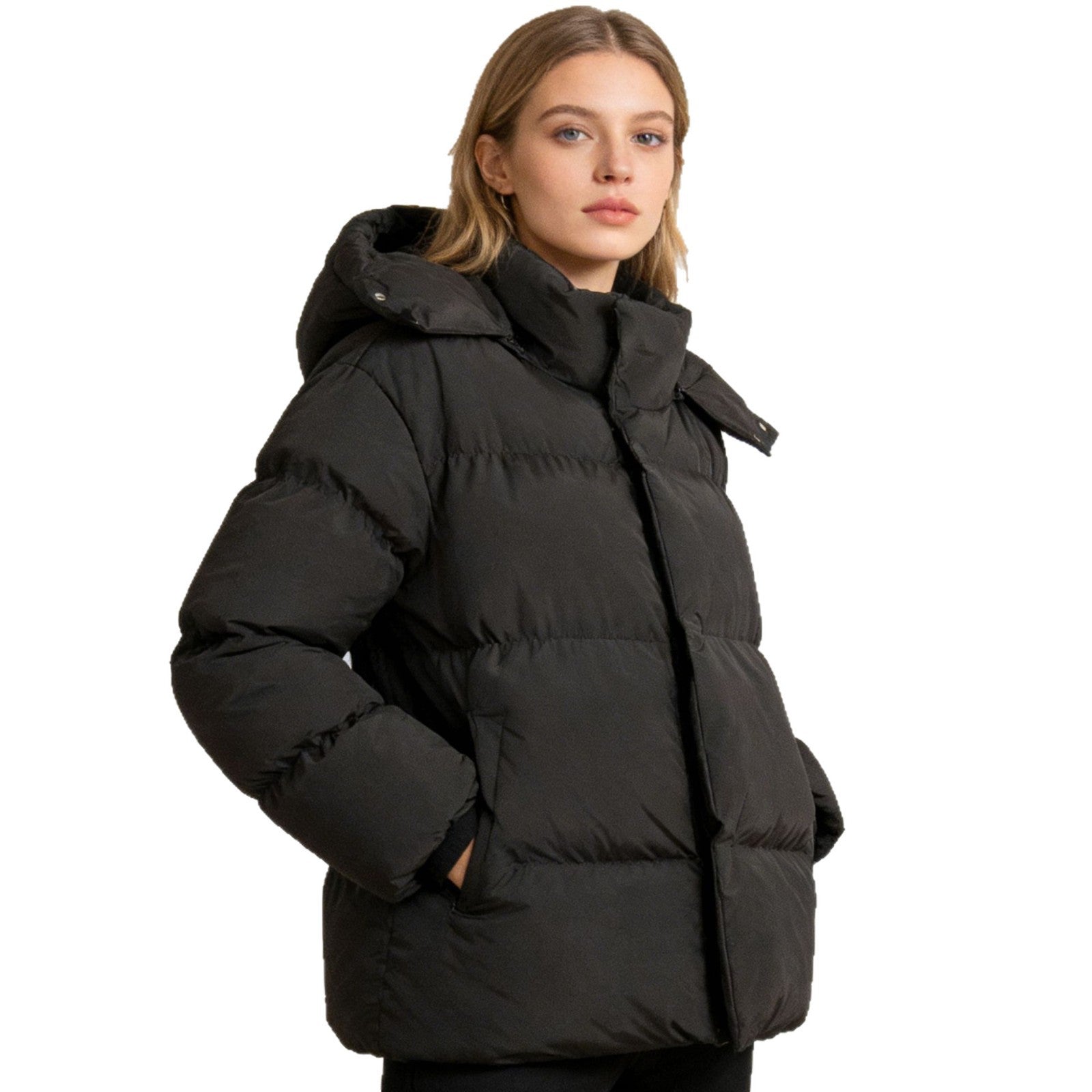 Women's Padded Oversized Quilted Jacket with Hood and High Stand Collar Chichicherry