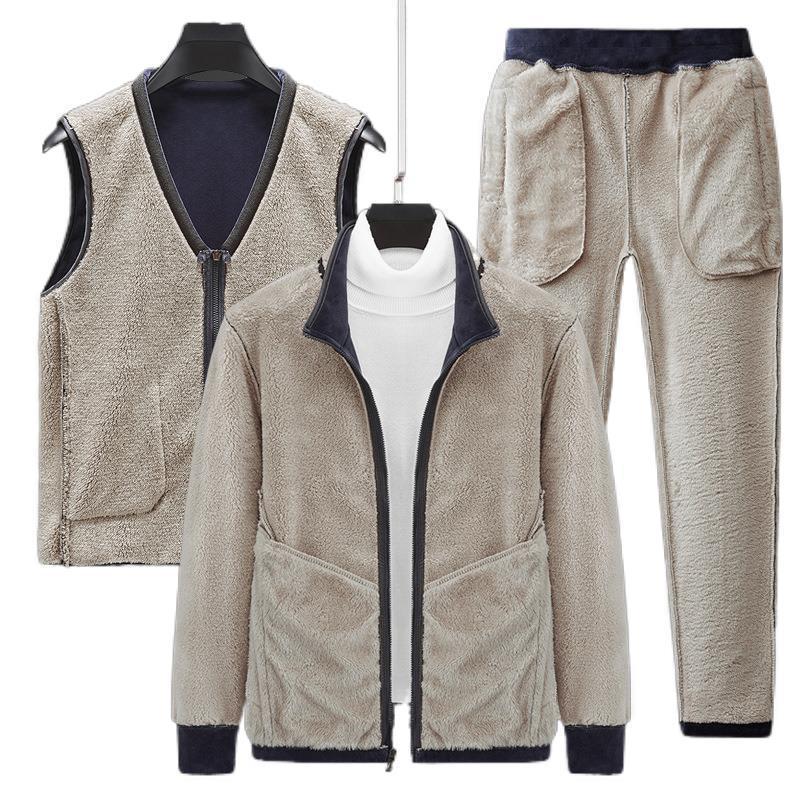 Men's warming fleece three-piece set with zip jacket, teddy vest, and joggers Chichicherry