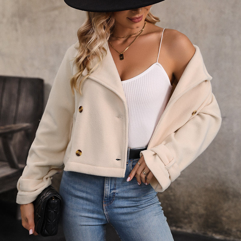 Women's Short Jacket Double-Breasted Wool Blend with Notched Collar and Rolled-Up Sleeves Chichicherry