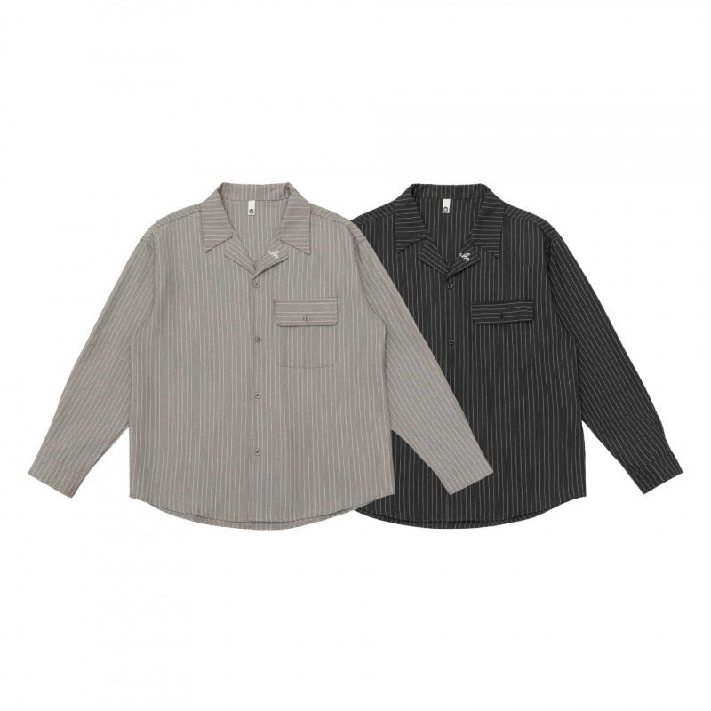 Unisex Boxy Shirt Jacket with Lapel Collar, Chest Pocket and Fine Pinstripe Chichicherry