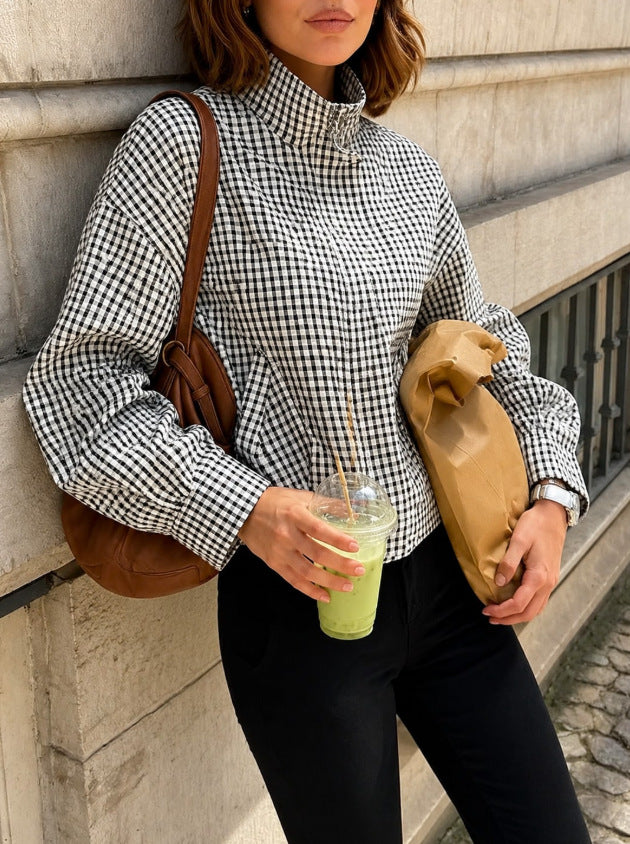 Women Oversize Checkered Blouson Jacket with Stand-up Collar Chichicherry
