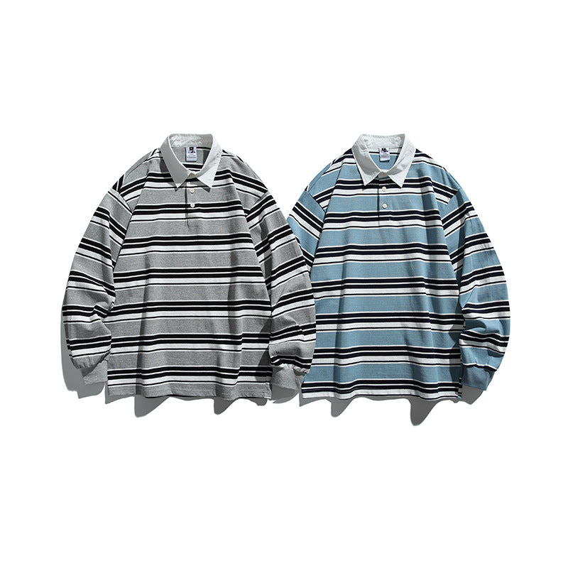 Unisex Oversize-Long Sleeve-Rugby Shirt with Contrast Collar and Distinctive Striped Pattern Chichicherry