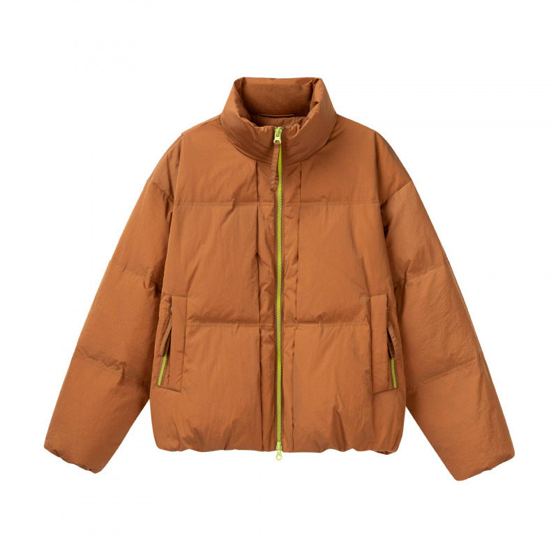 Women Short Oversized Padded Jacket with High Stand-Up Collar and Contrast Zipper Chichicherry