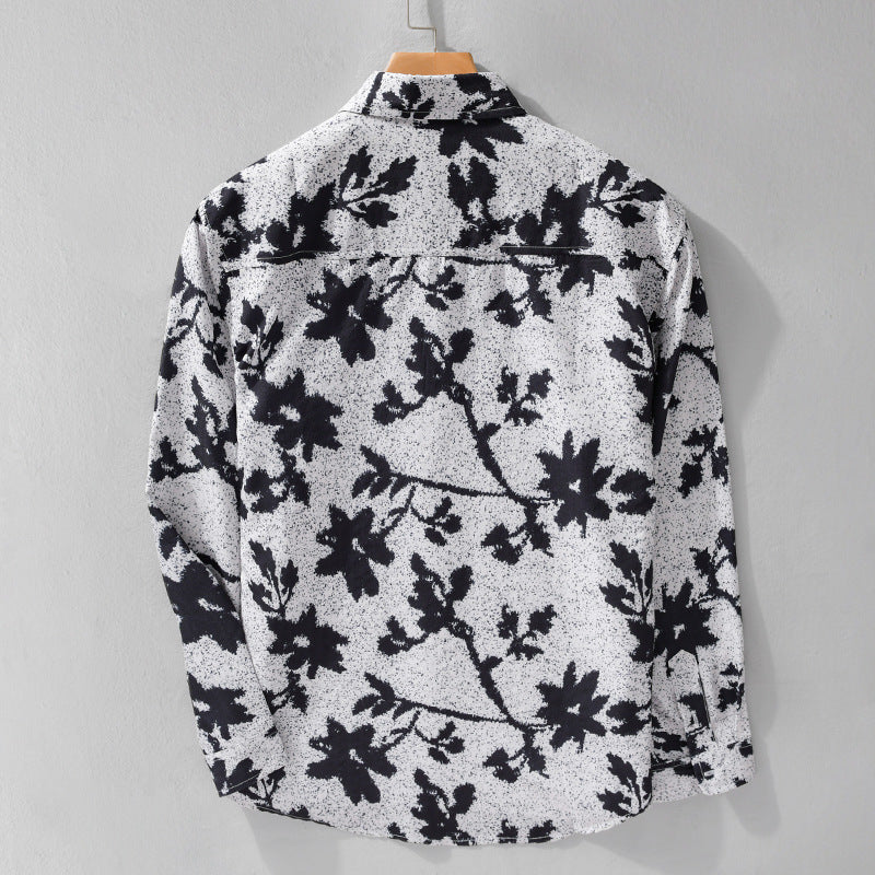 Men's Loose Cotton Layering Overshirt with Painterly Floral Allover and Chest Pocket Chichicherry