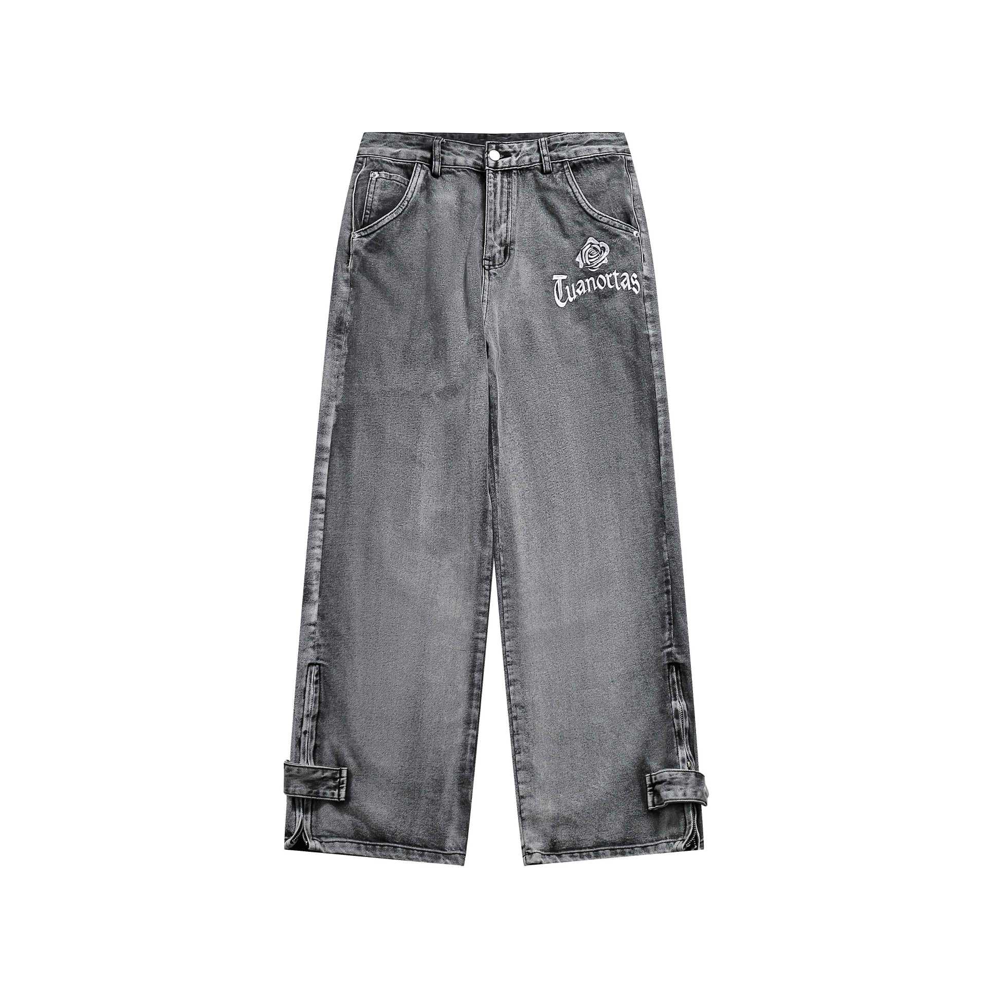 Women's Cropped Wide-Leg Cargo Jeans with Utility Pockets, Decorative Embroidery, and Adjustable Leg Straps Chichicherry