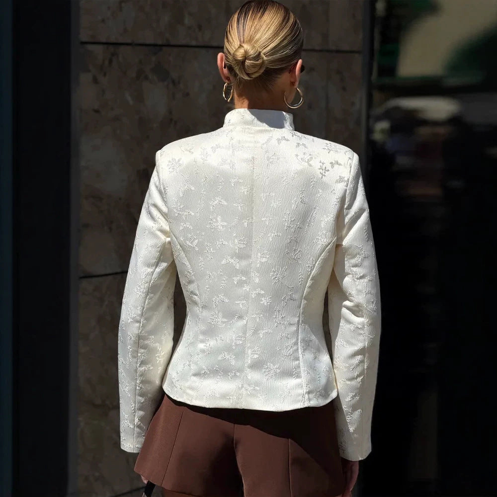 Women's Tailored Jacquard Blazer with Overlapping Lapels and Decorative Buttons Chichicherry