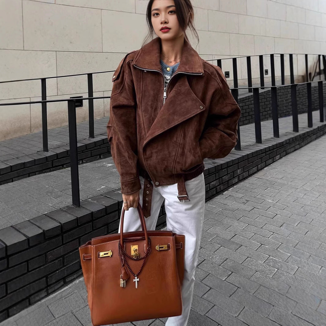 Women Oversized Suede Bomber Jacket with Waist Belt and Shawl Collar Chichicherry