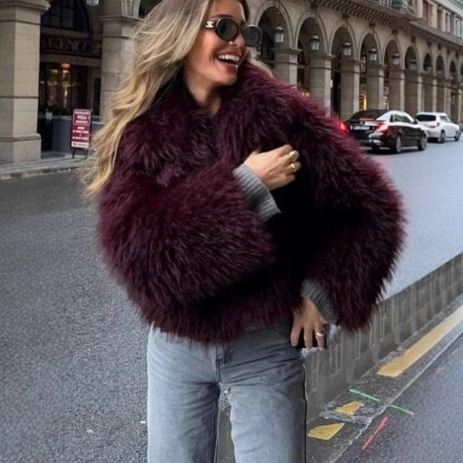 Womens cropped jacket in fluffy high-pile faux fur with deep shawl collar Chichicherry