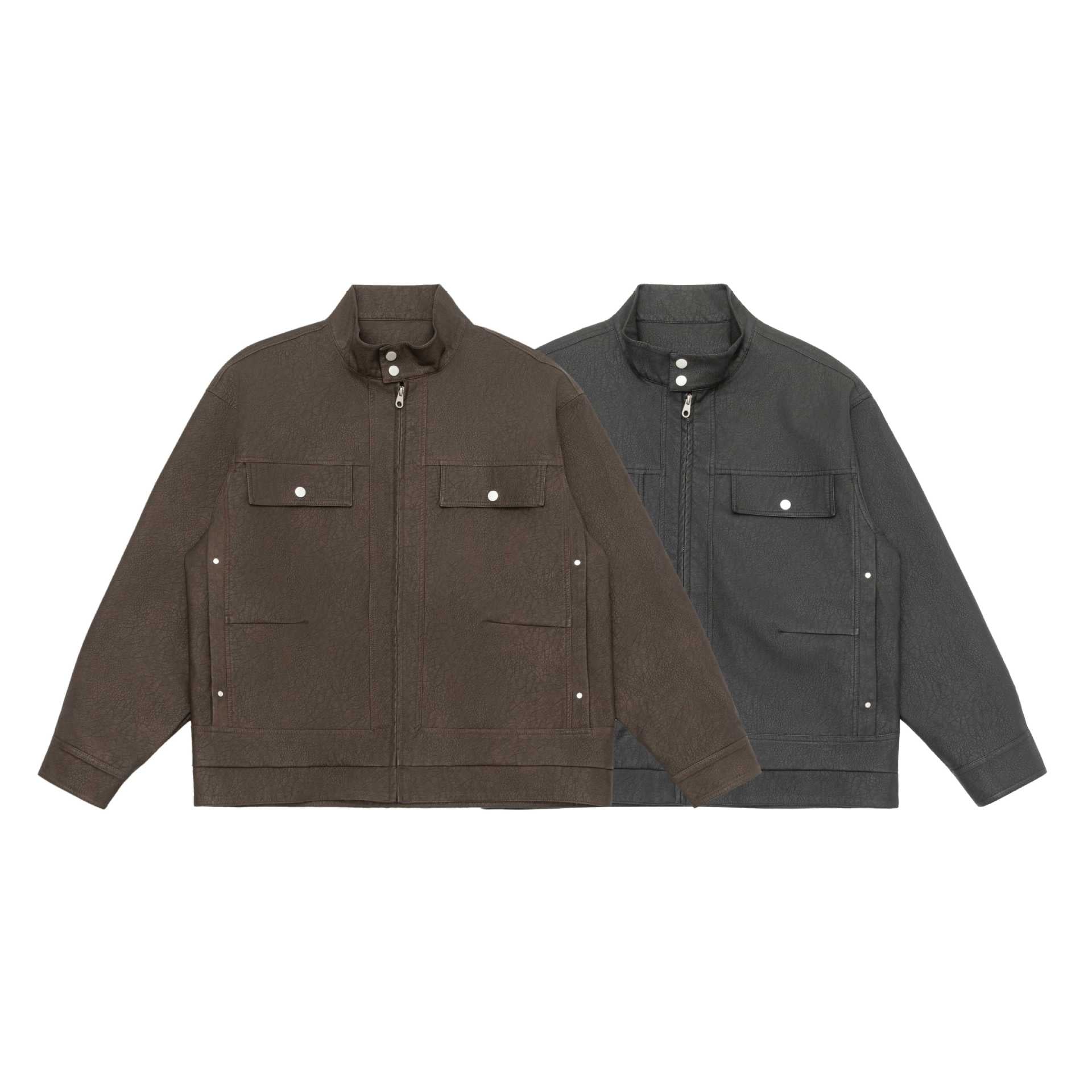 Unisex Boxy-Faux Leather Blouson Jacket with Stand Collar and Flap Pockets Chichicherry