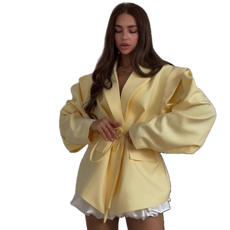 Damen Oversized Blazerjacke mit Taillengürtel und Ballonärmeln Chichicherry