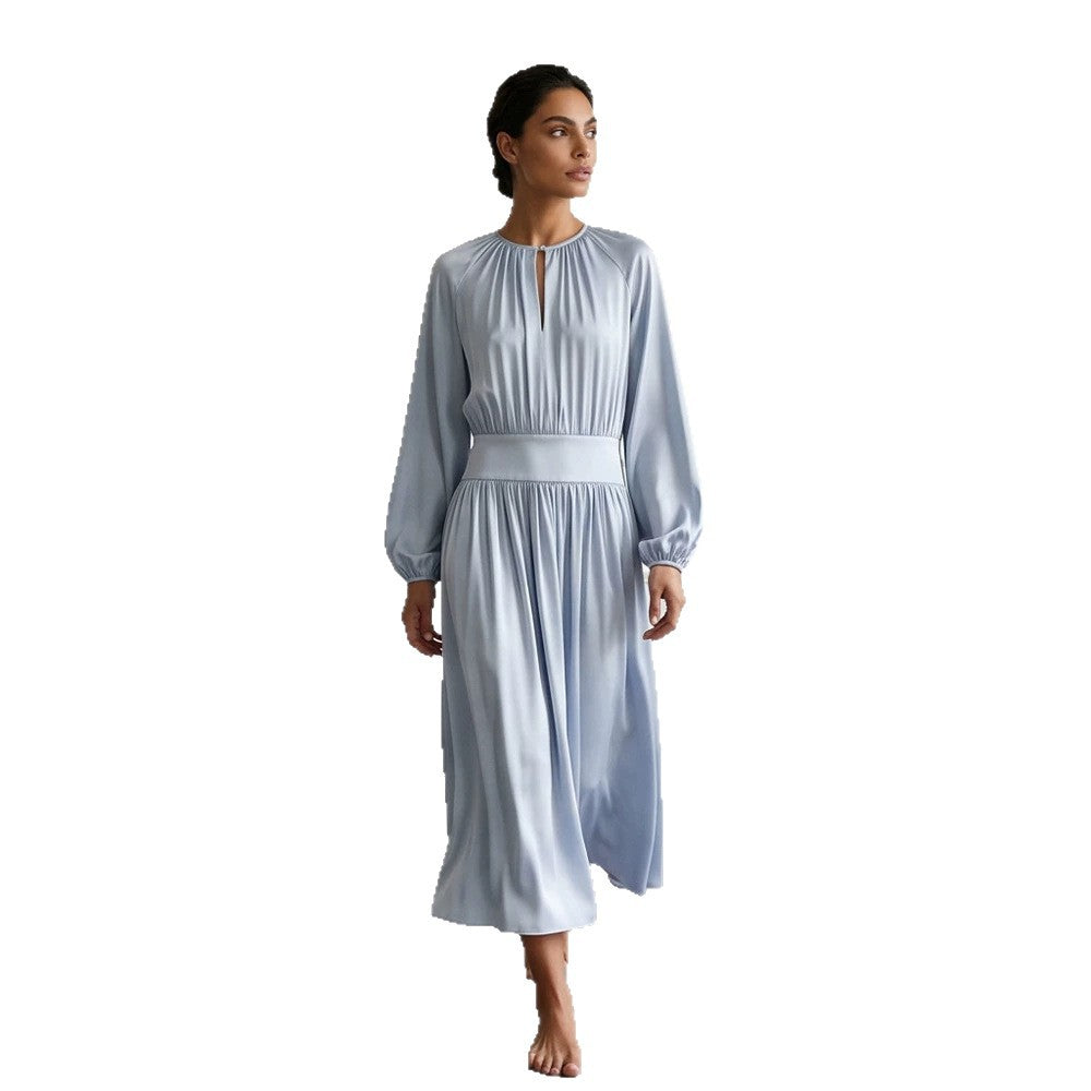 Women's Flowing Midi Dress with Wide Waistband, Gathered Top and Balloon Sleeves Chichicherry
