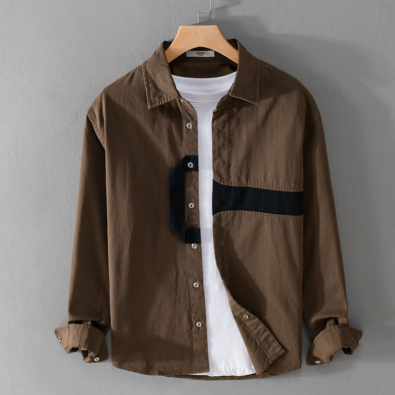 Men's Casual Overshirt Shirt with Geometric Contrast Stripe and Snap Placket Chichicherry