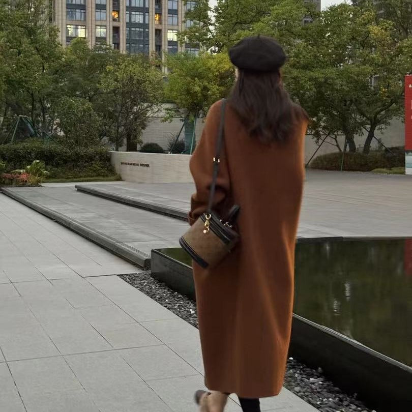 Women's Oversize Wool Blend Coat Knee-Length with Concealed Button Placket and Relaxed Shoulder Line Chichicherry