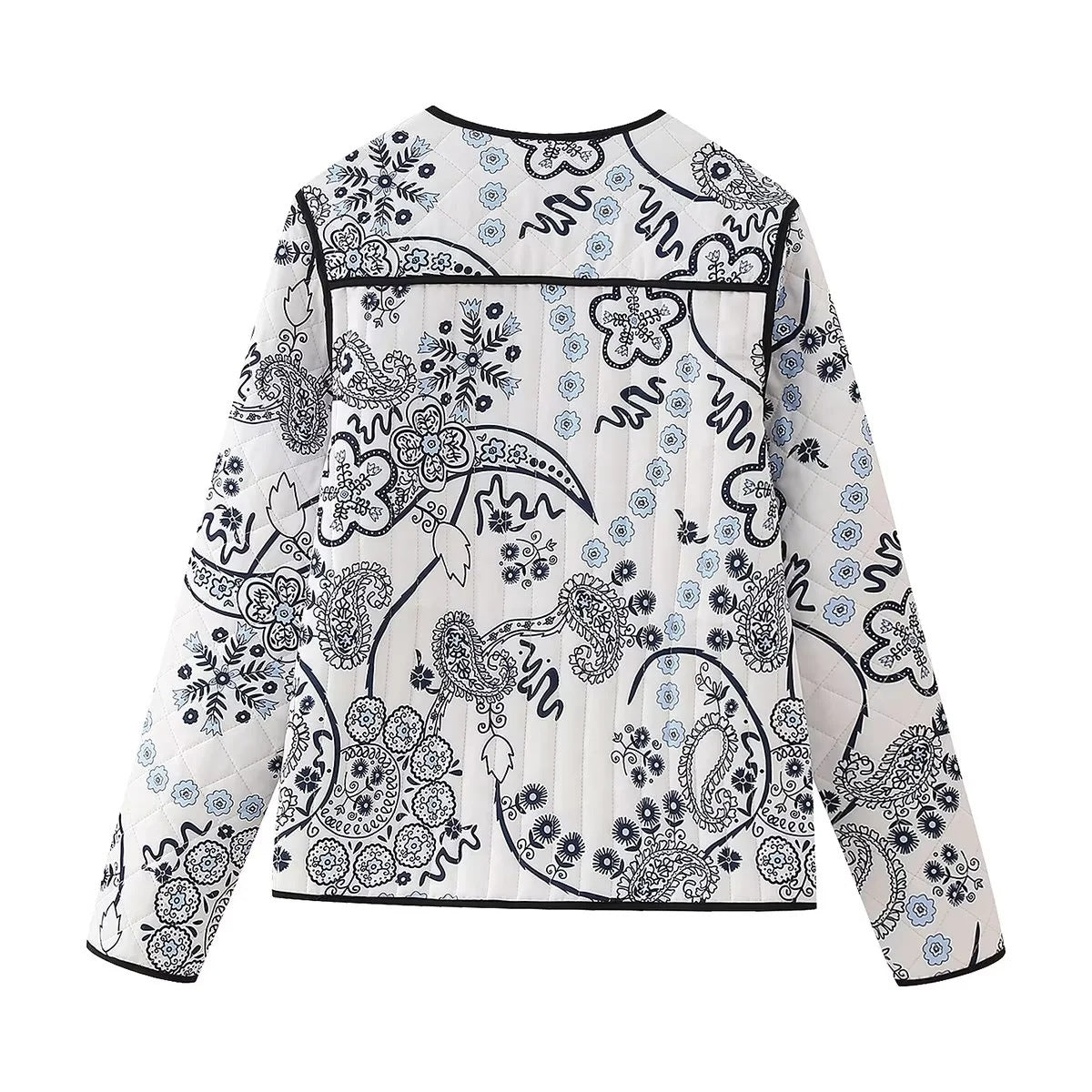 Women's Quilted Paisley Print Quilted Jacket with Contrast Piping and Round Neckline Chichicherry