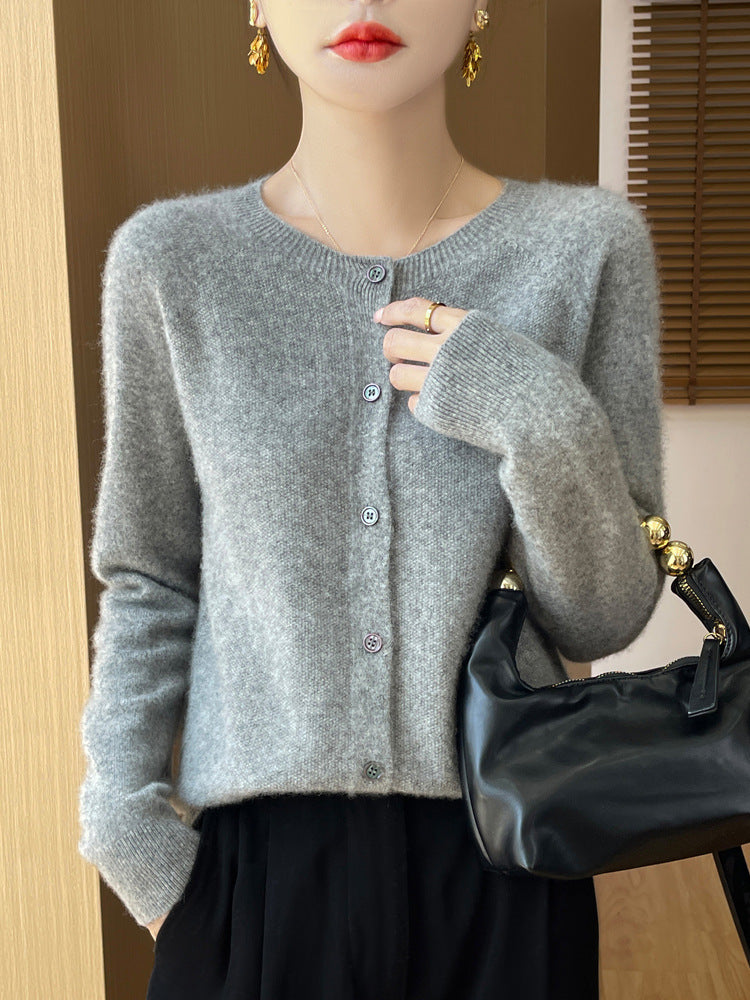 Ladies Cozy Short Cardigan made of Mohair Mix with fine Virgin Wool Structure and Pearly Button Placket Chichicherry