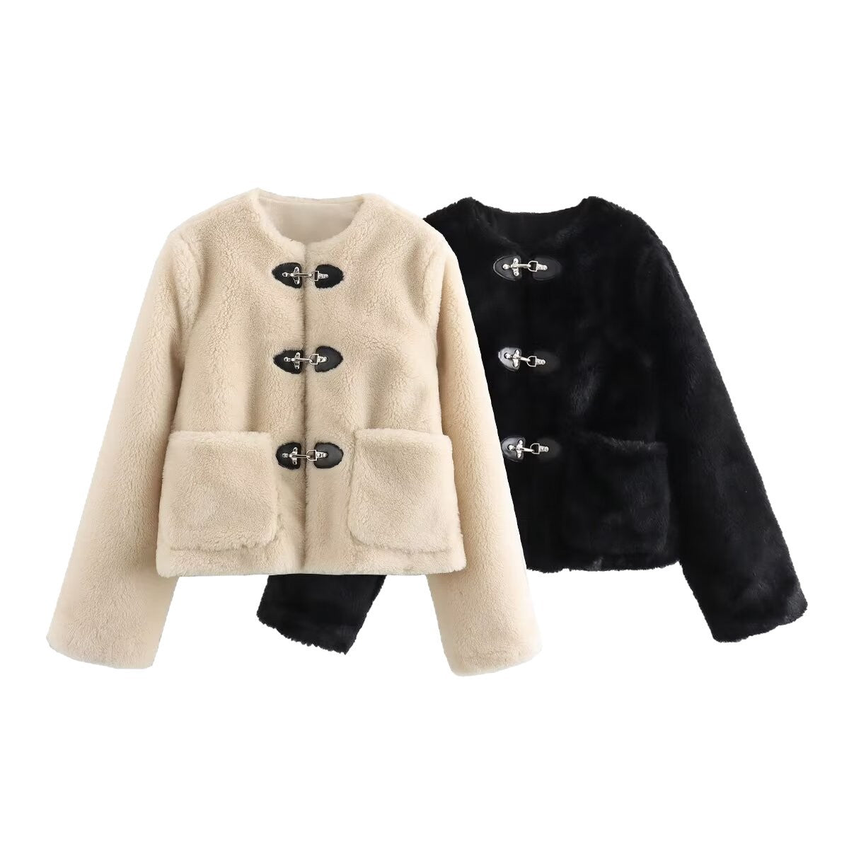 Women's Short Teddy Jacket Made of Faux Fur with Toggle Closures and Patch Pockets Chichicherry