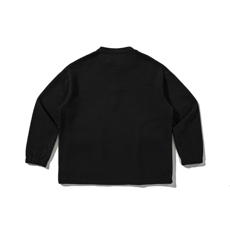 Unisex Oversize Waffle Knit Henley Sweatshirt with Stand-Up Collar, Snap Placket and Utility Pockets Chichicherry