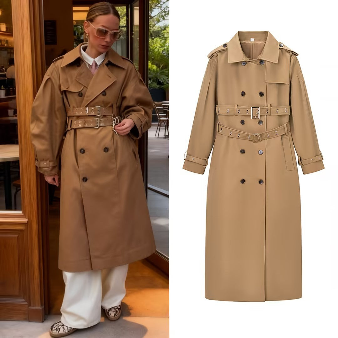 Women Longer tailored trench coat with double waist belt and epaulettes Chichicherry