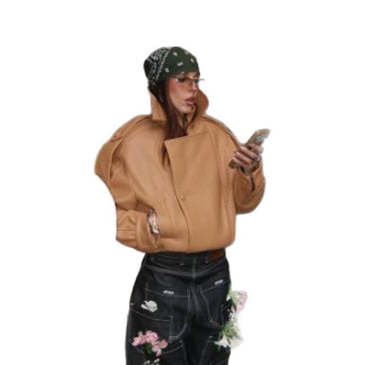 Ladies Cropped Oversized Jacket made of textured synthetic leather with a high stand-up collar Chichicherry