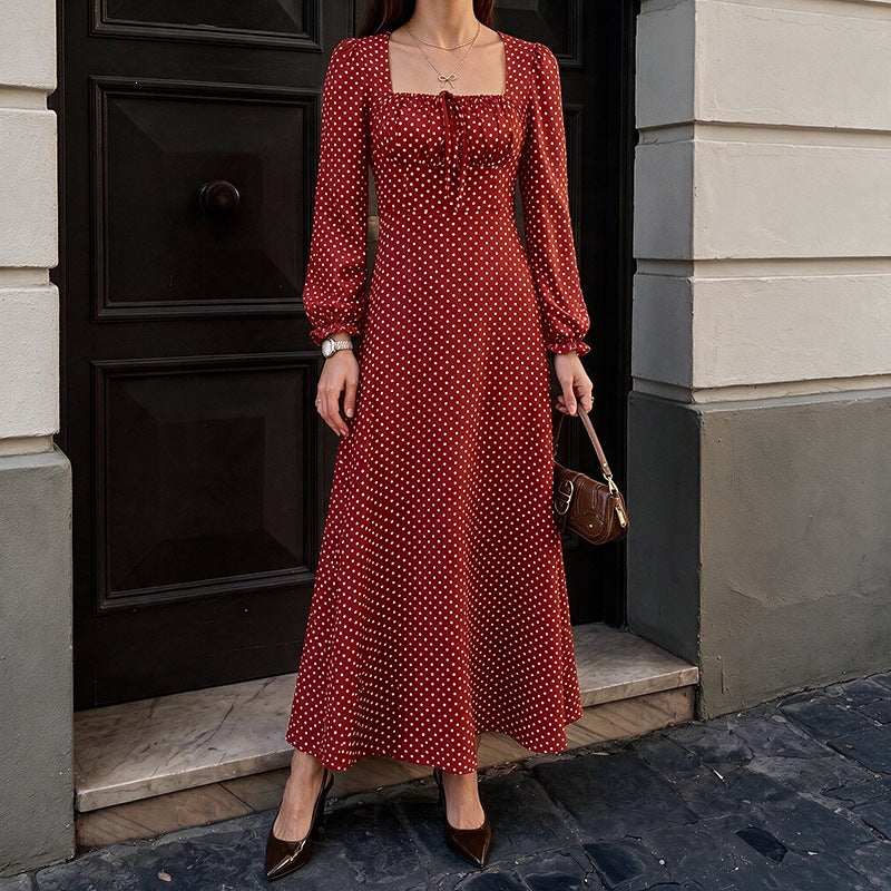 Women’s Retro Maxi Dress with Square Neckline, Ruched Bust Area and Long Sleeves Chichicherry