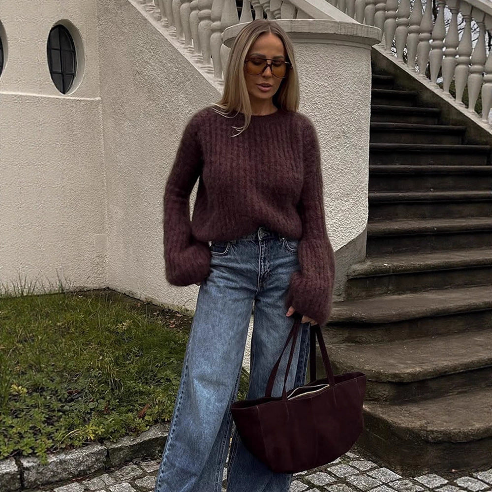 Women's Oversized Mohair Sweater with voluminous Balloon Sleeves and Fine Knit Collar Chichicherry
