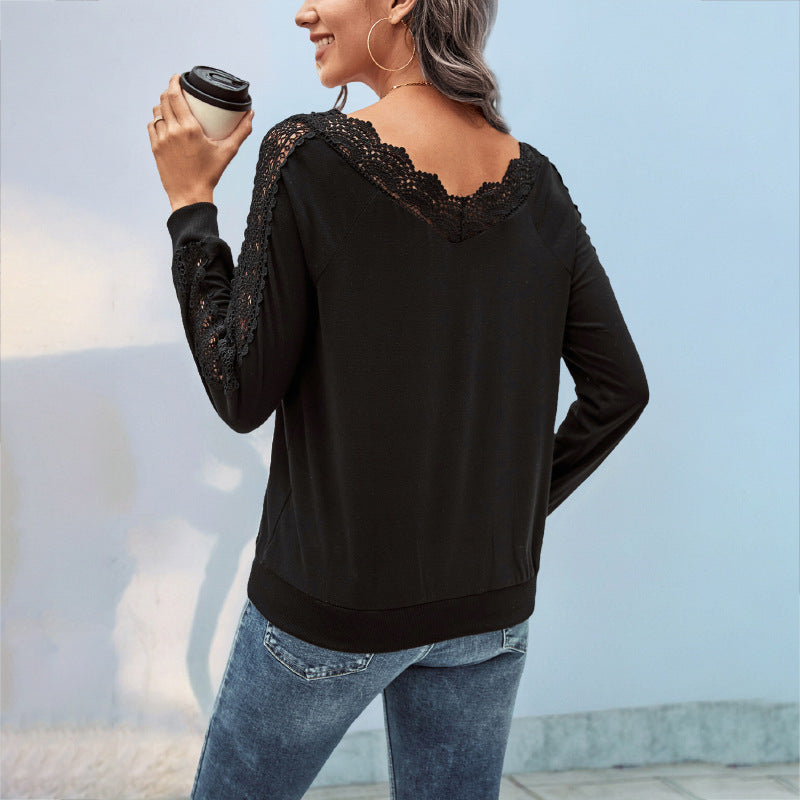 Women's fine knit long sleeve with lace V-neck and lace trim on the sleeves Chichicherry