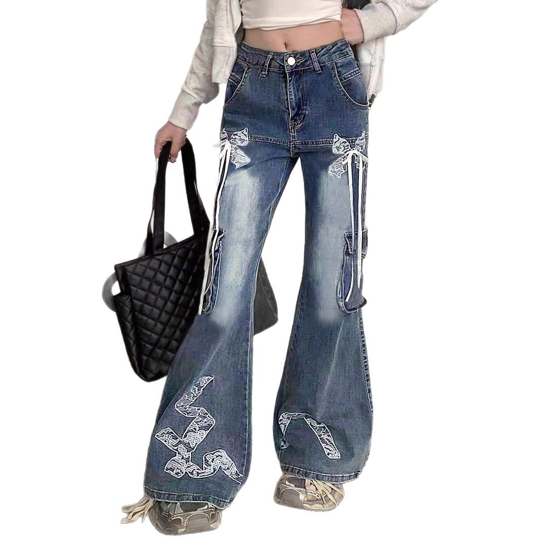 Women's wide flared cargo-style jeans with decorative ribbons, lace appliqués, and multiple pockets Chichicherry