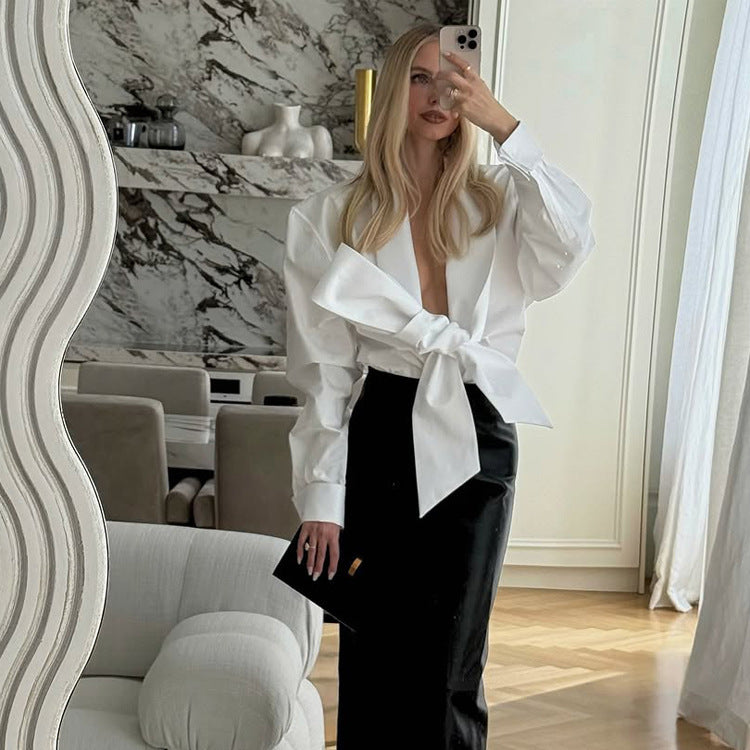 Women Tailored Blouse with XXL Volume Sleeves and Front Knot Chichicherry