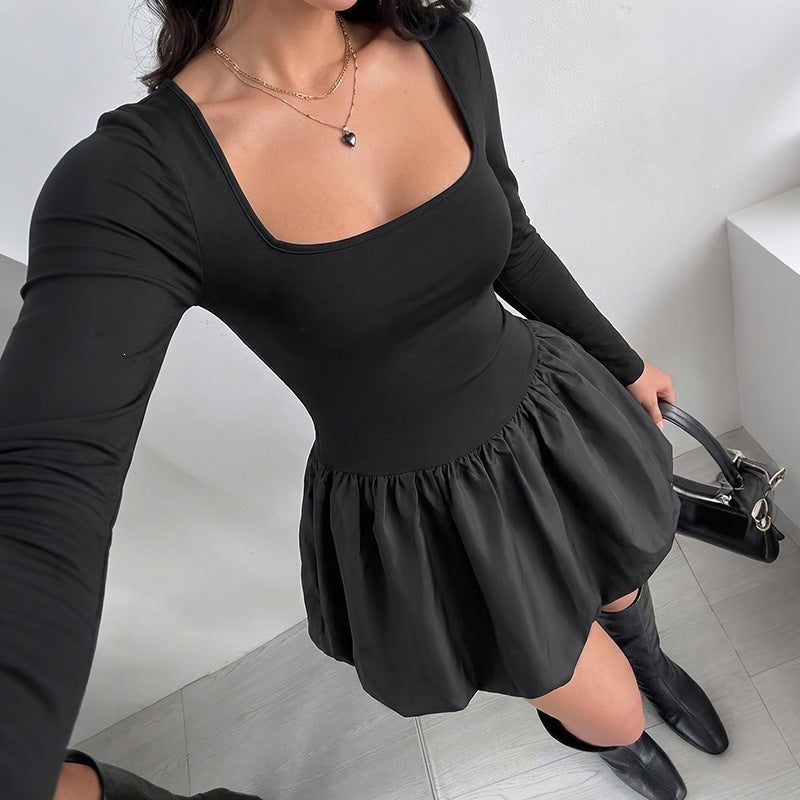 Women's Fitted Mini Dress with Square Neckline, Tailored Silhouette, and Balloon Skirt Chichicherry