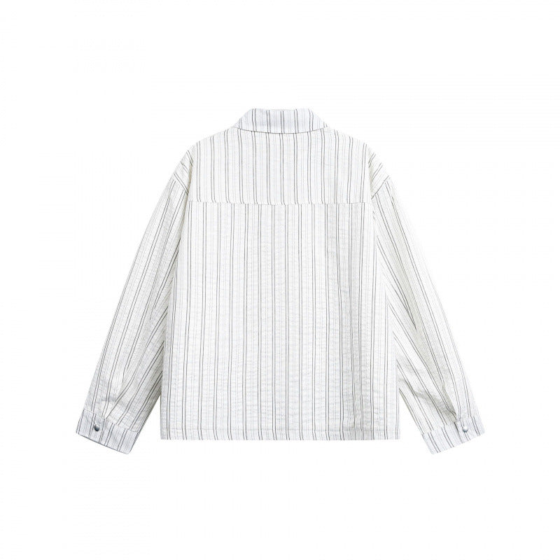 Unisex Striped Overshirt Jacket with Shirt Collar and Concealed Zipper Chichicherry