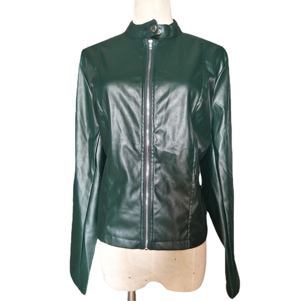 Ladies fitted faux leather biker jacket with stand-up collar and decorative seams Chichicherry
