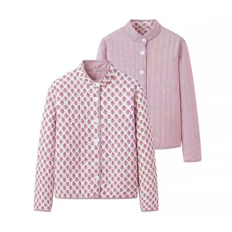 Ladies Lightweight Cotton Blouse with Standing Collar, Full Button Placket and Allover Print Chichicherry