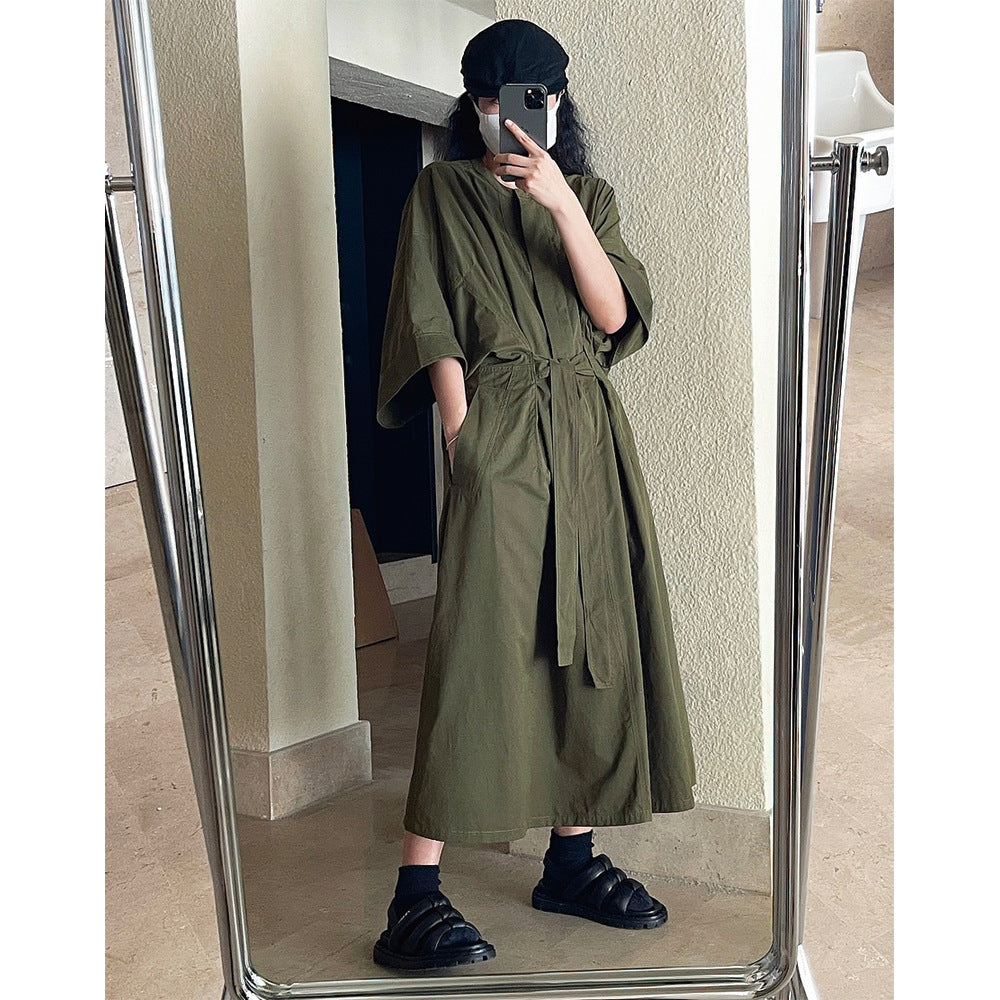 Women's Long Wrap Dress made of Cotton Blend with Wide Kimono Sleeve Chichicherry