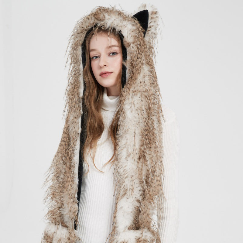 Women's hooded scarf made of luxurious faux fur with ear application and long stola ends Chichicherry