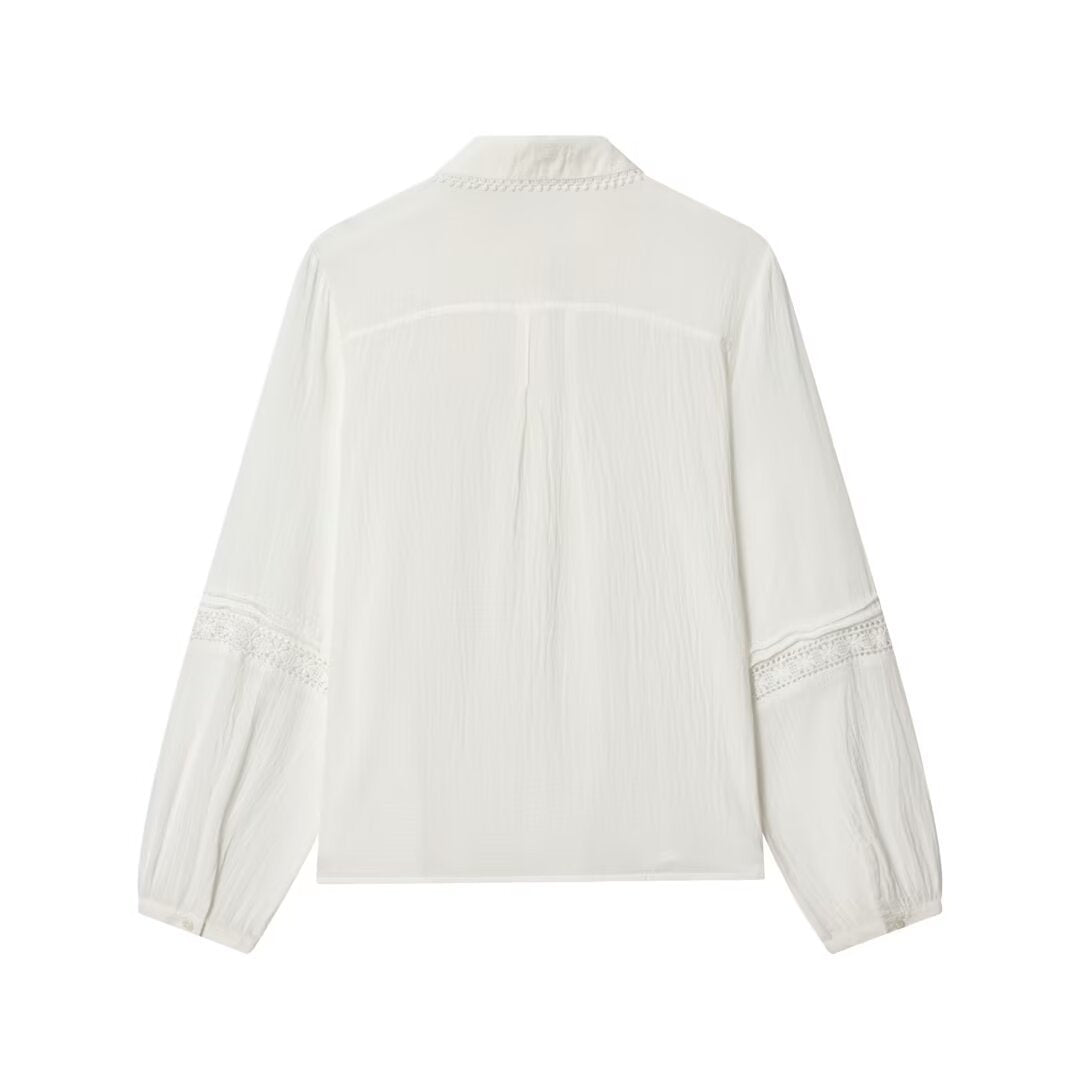 Ladies blouse with delicate lace appliqué, concealed button placket and balloon sleeves Chichicherry