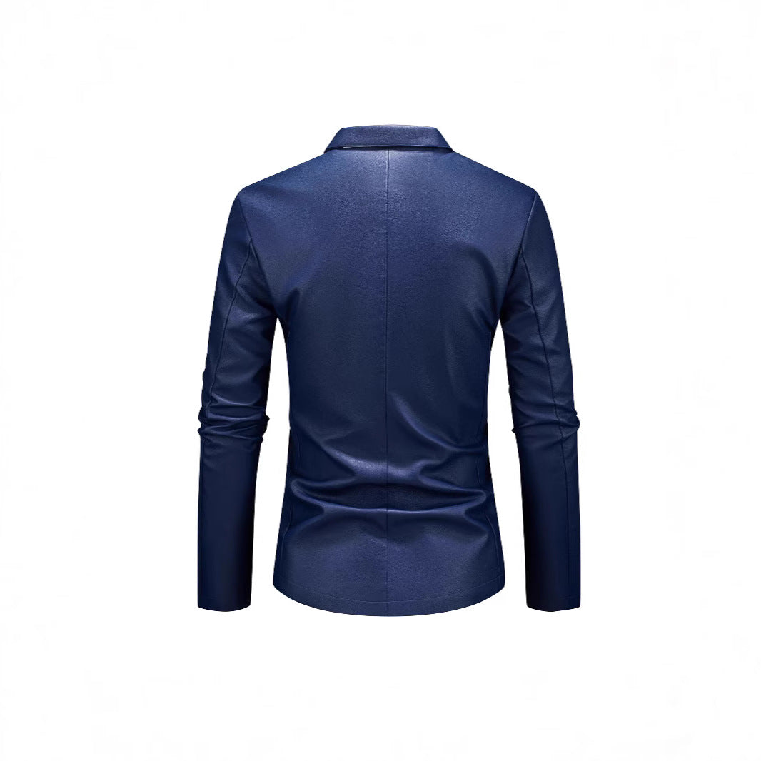 Men's Slim-Fit Leather Blazer with One-Button, Classic Lapel and Flap Pockets Chichicherry