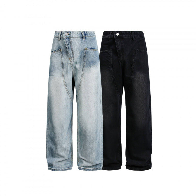 Women's Wide High-Waist Denim Pants with Curved Front Pockets Chichicherry