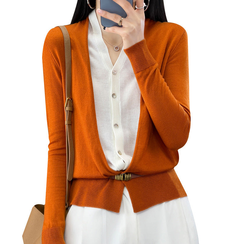 Ladies Lightweight Open Fine Knit Cardigan with Asymmetrical Pointed Edge and Fitted Silhouette Chichicherry