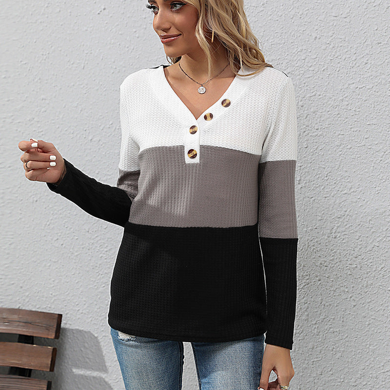 Women's Waffle Knit Long Sleeve with V-Neck and Henley Button Placket Chichicherry