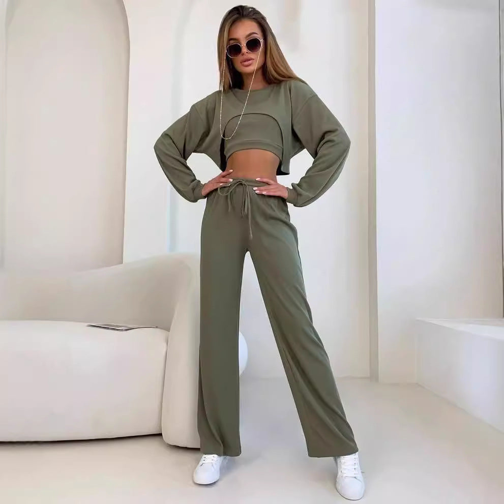 Damen Ripp-Lounge-Set mit Cut-Out Croptop, Oversize Cropped Pullover und High-Waist Jogginghose Chichicherry