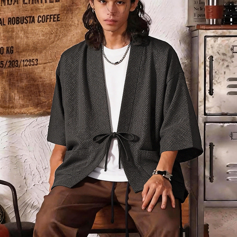 Men's Loose Kimono Cardigan made of textured cotton blend with short sleeves and tie Chichicherry